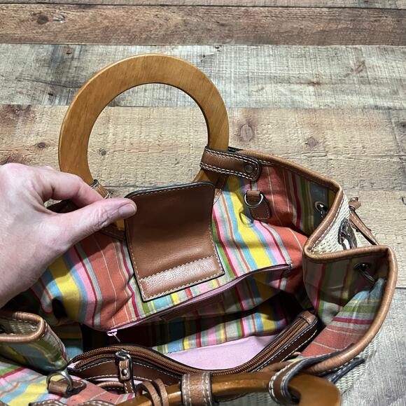 Y2K Fossil Brown Woven Straw Wooden Round Handles Satchel Purse Bag - Picture 6 of 8